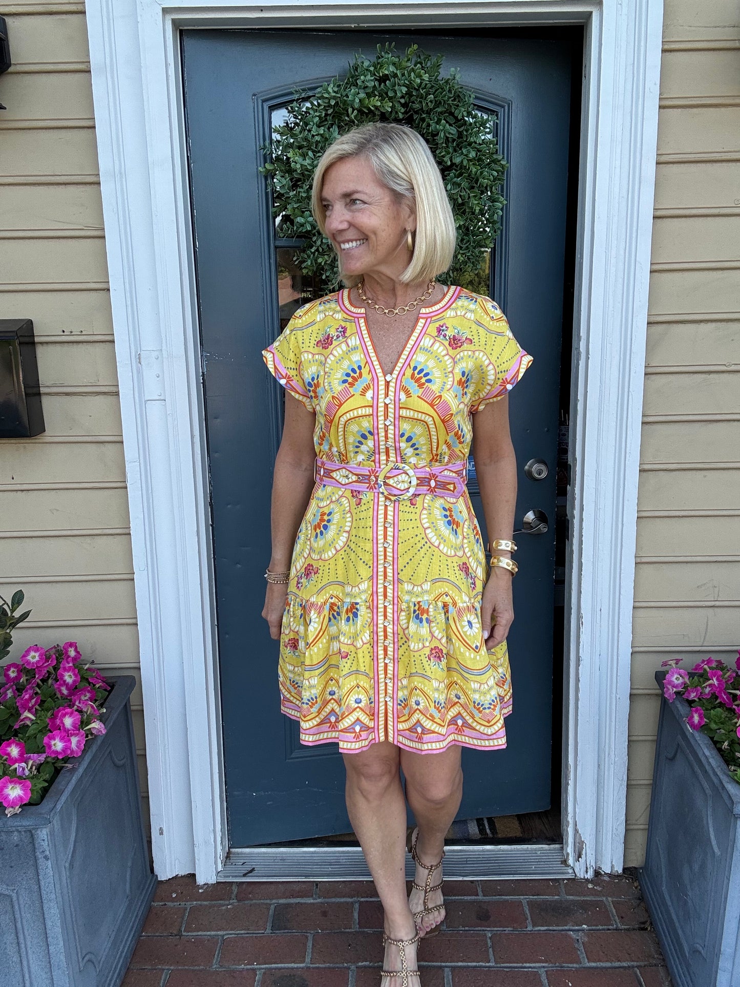 Hale Bob Belted V Neck Dress