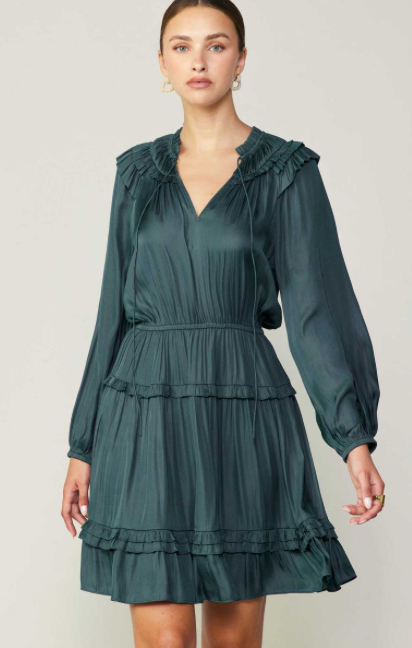 Current Air Ruffled Split Neck Long Sleeve Dress w/Pleated Skirt