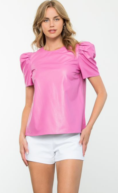 THML Leather Short Puff Sleeve Top
