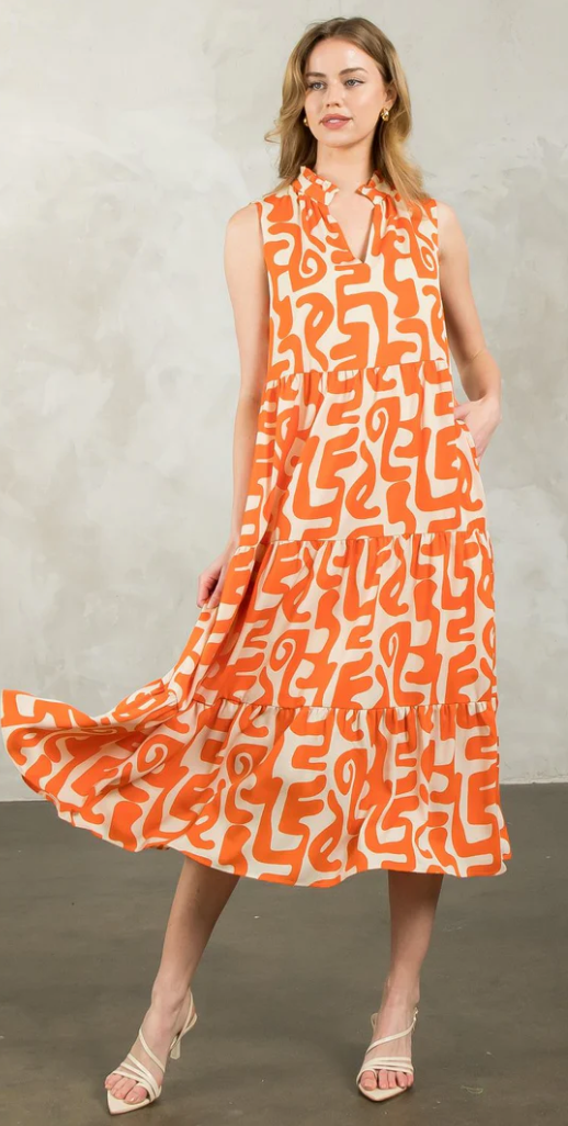 THML Sleeveless Tiered Print Maxi Dress