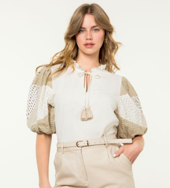 THML Embroidered Patchwork Puff Sleeve Top
