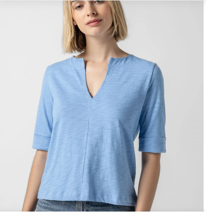 Lilla P Cuffed Sleeve Split Neck Top