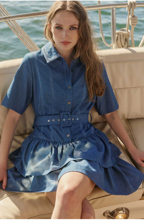Current Air Collared SS Denim Tiered Mini Dress