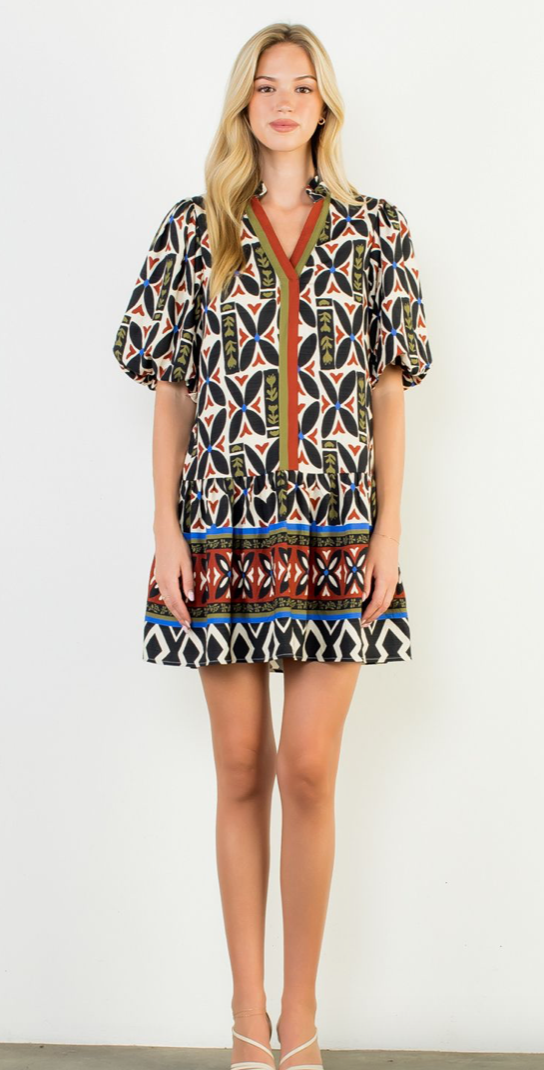 THML Puff Sleeve Print V-Neck Dress