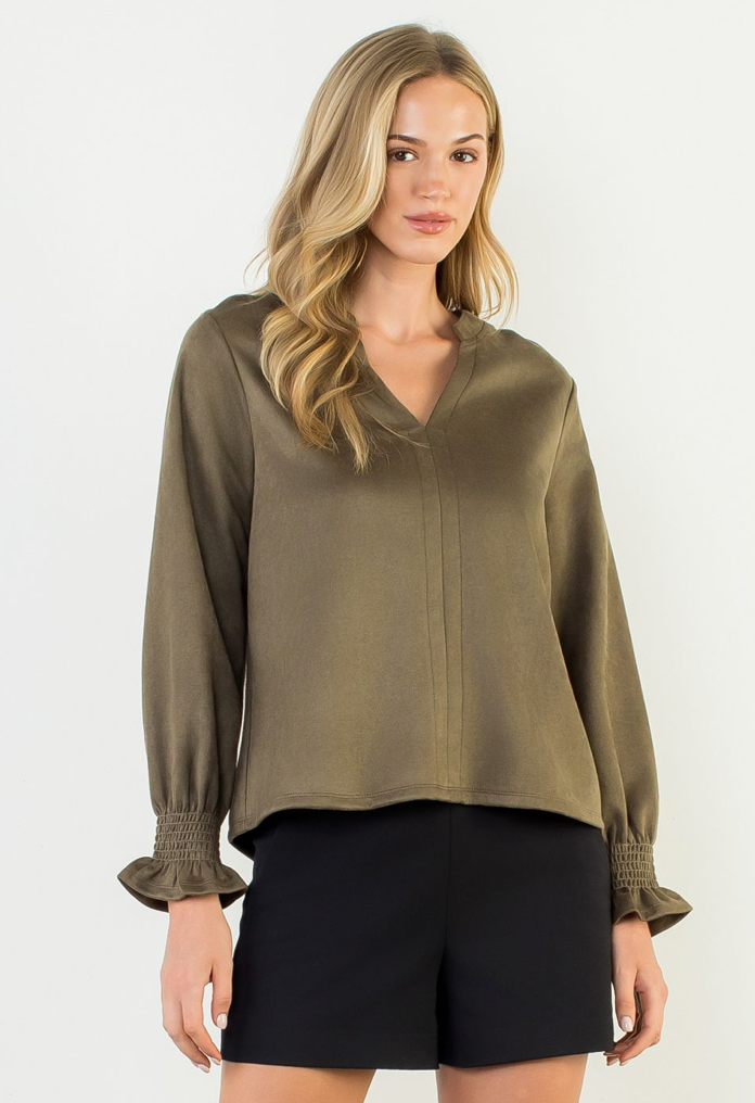 THML Long Sleeve V Neck Suede Top