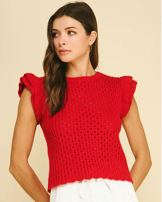 Pinch Ruffle Sleeve Knit Top