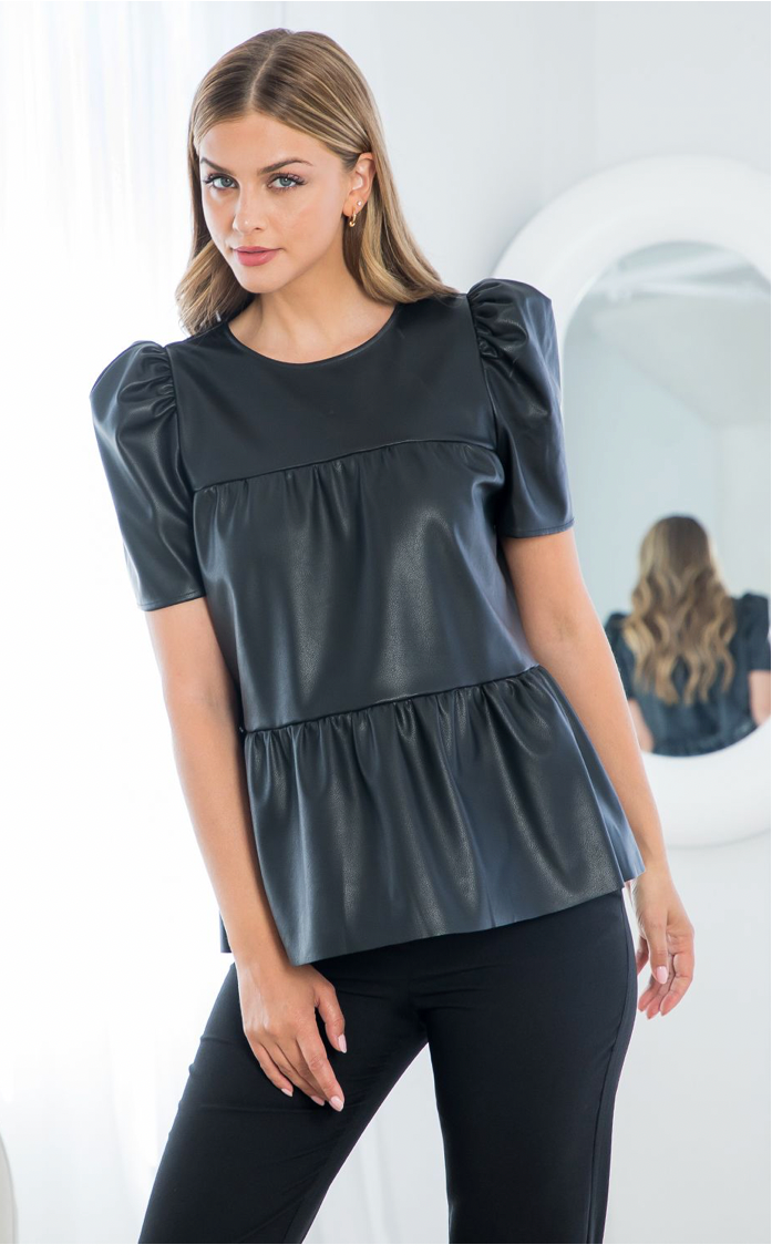 THML Faux Leather Tiered Top