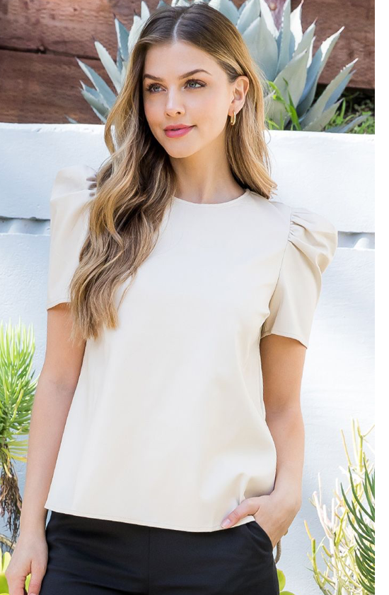 THML Leather Short Puff Sleeve Top