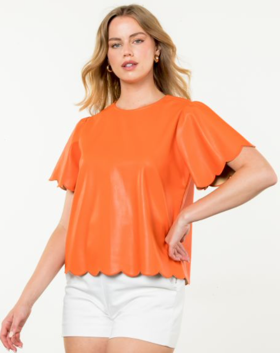 THML Short Sleeve Scalloped Faux Leather Top
