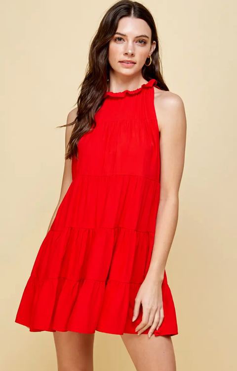 Pinch Halter Tiered Mini Dress