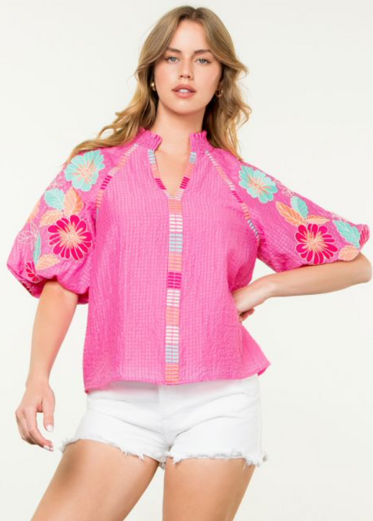 THML Embroidered Puff Sleeve Top