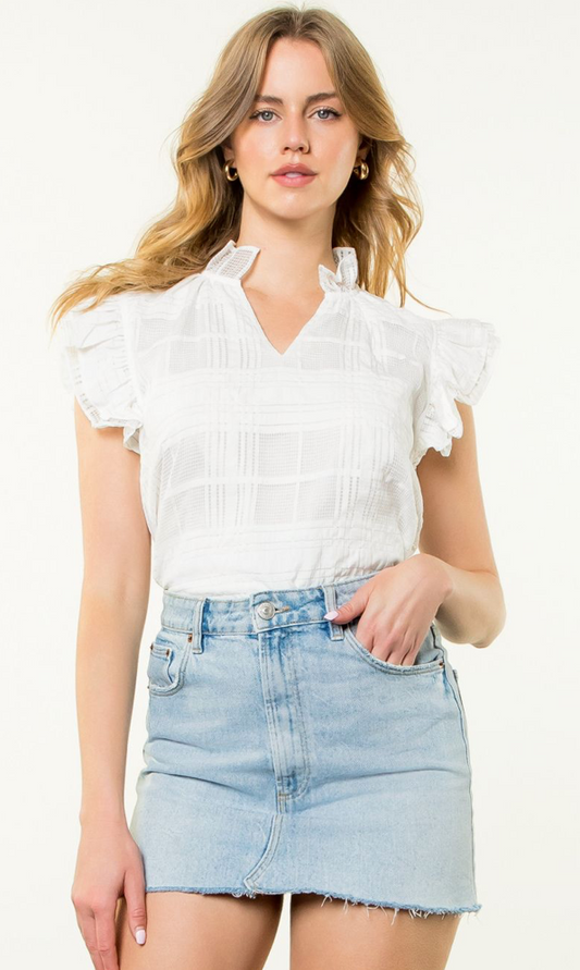 THML Flutter Sleeve Split Neck Gingham Top