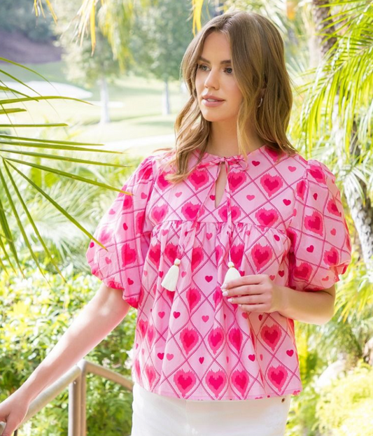 THML Puff Sleeve Heart Print Top
