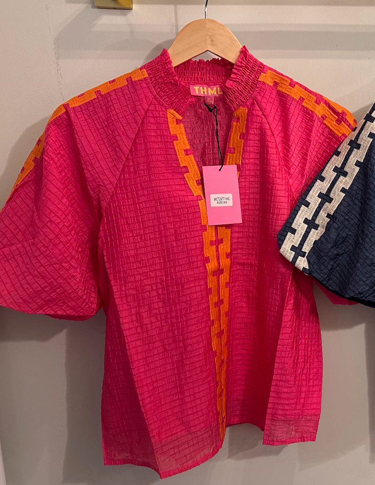 THML Embroidered Puff Sleeve Textured Top