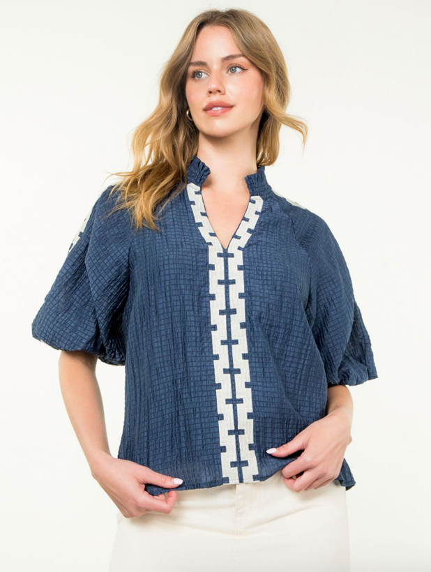 THML Embroidered Puff Sleeve Textured Top