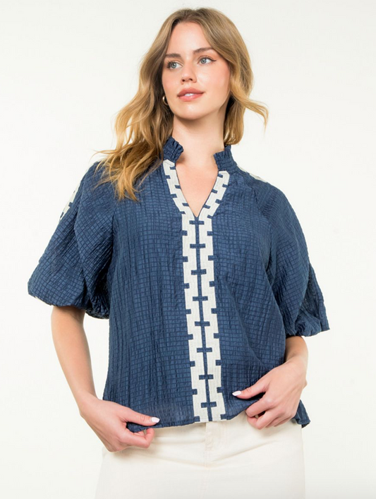 THML Embroidered Puff Sleeve Textured Top