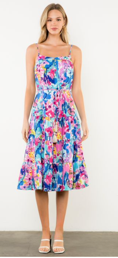 THML Belted Floral Strap Midi Dress