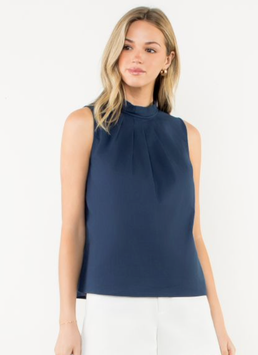 THML Pleated Mock Neck Sleeveless Top