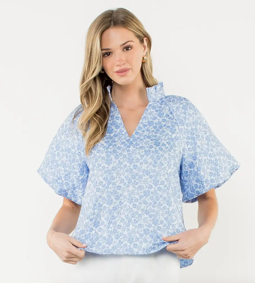 THML Puff Sleeve Floral Textured Top