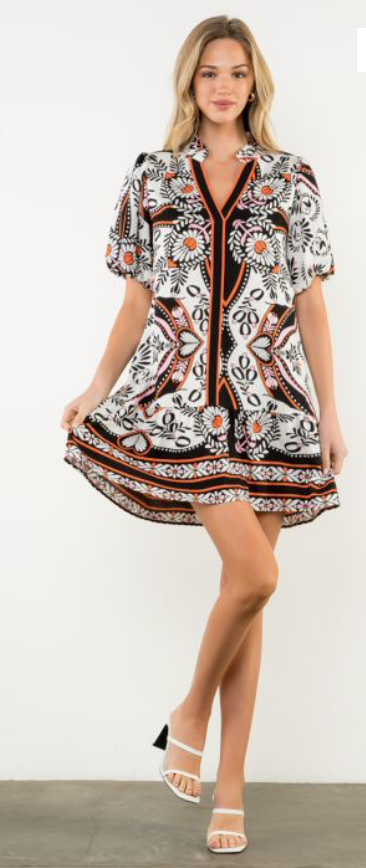 THML Puff Sleeve V Neck Tiered Dress