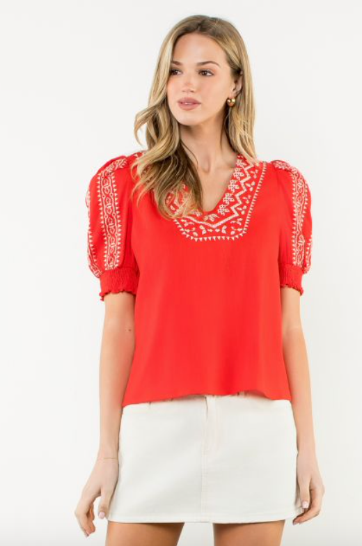 THML Smocked Sleeve Embroidered Top