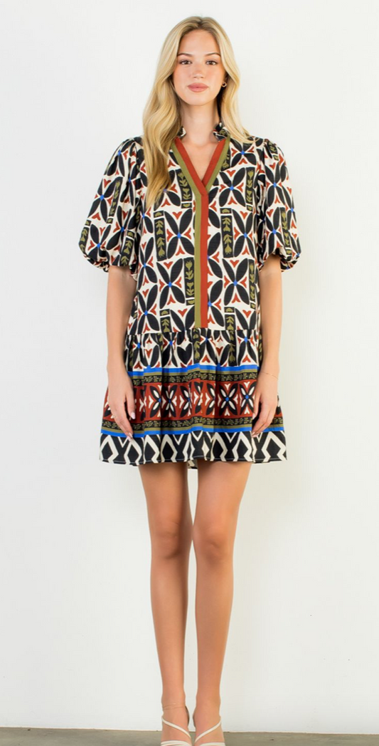 THML Puff Sleeve Print V-Neck Dress