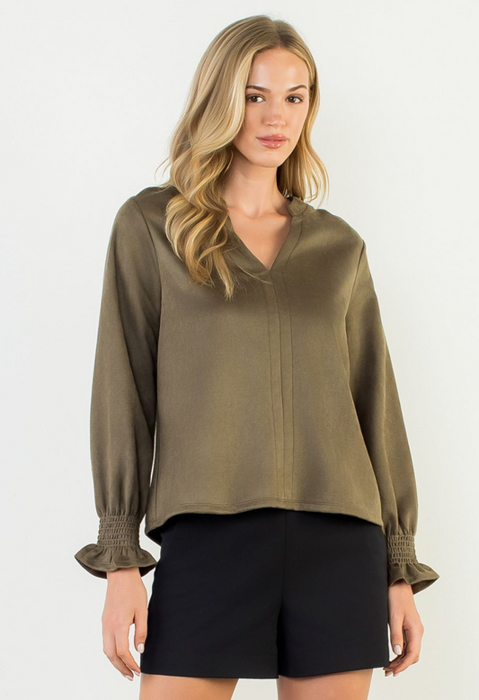 THML Long Sleeve V Neck Suede Top