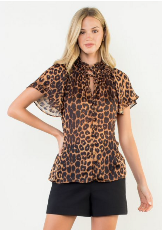 THML Flutter Sleeve Cheetah Print Top