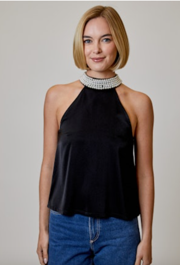 Design History Satin Pearl Neck Halter Top