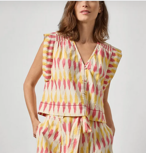 Lilla P Ikat Shirred Shoulder Top