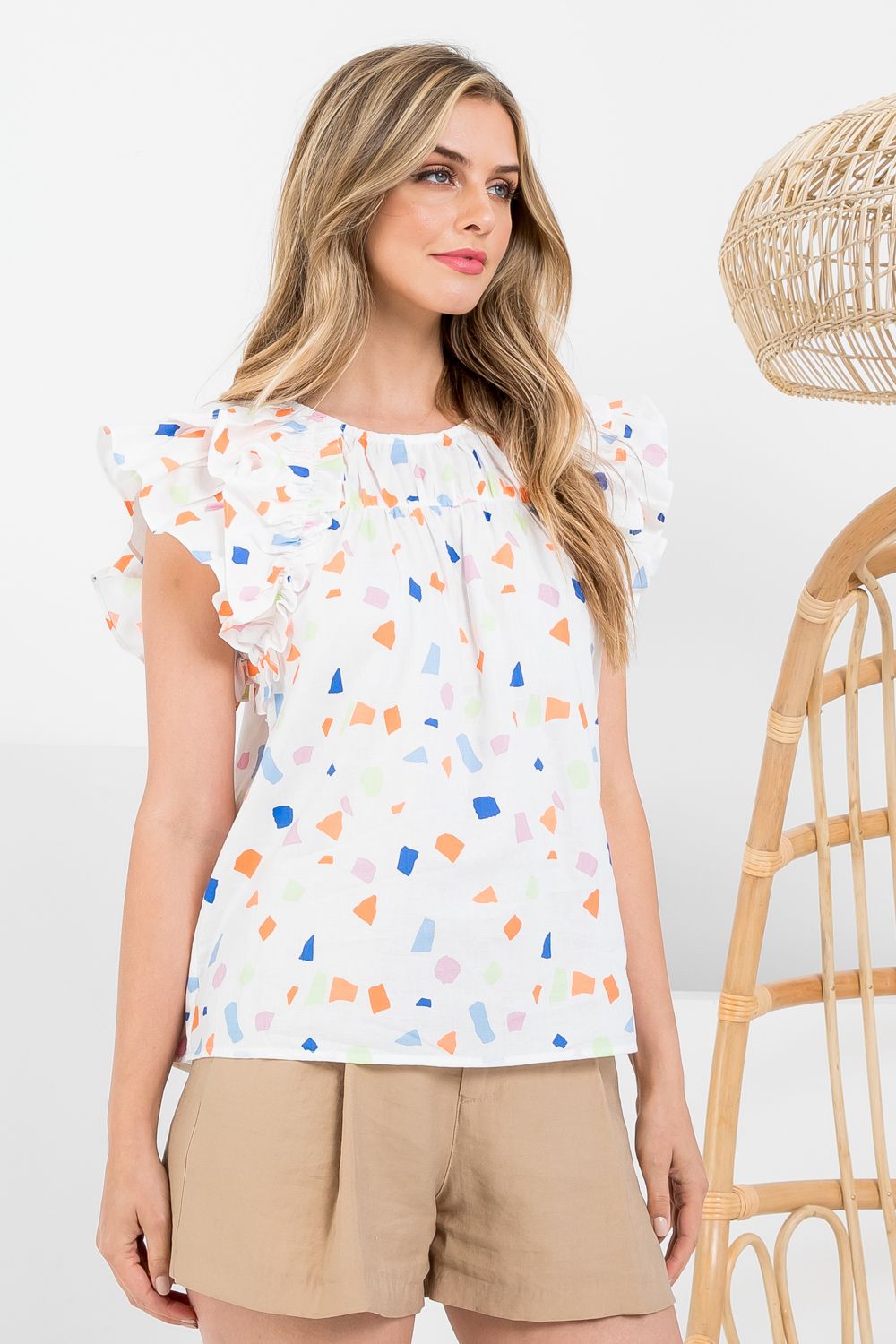 THML Confetti Print Ruffle Sleeve Top