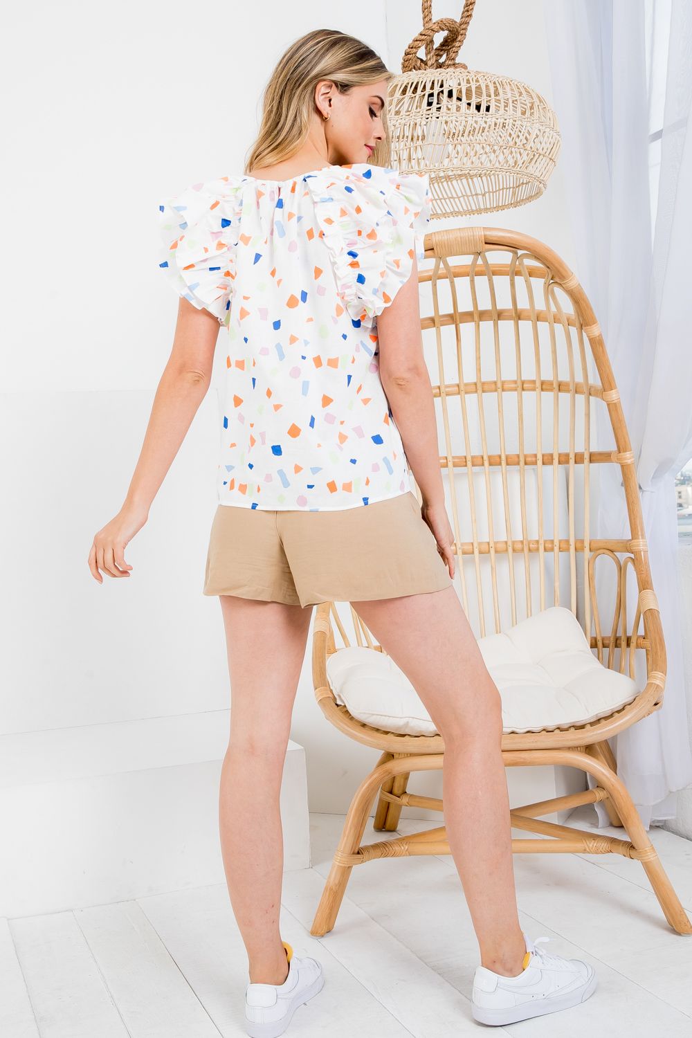 THML Confetti Print Ruffle Sleeve Top