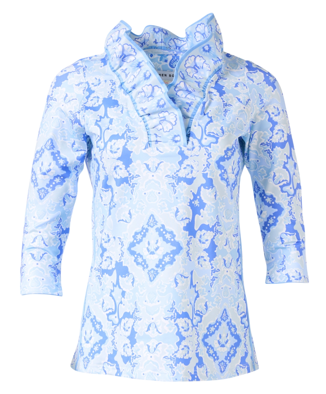 Gretchen Scott 3/4 Slv Patterned Ruffneck Top